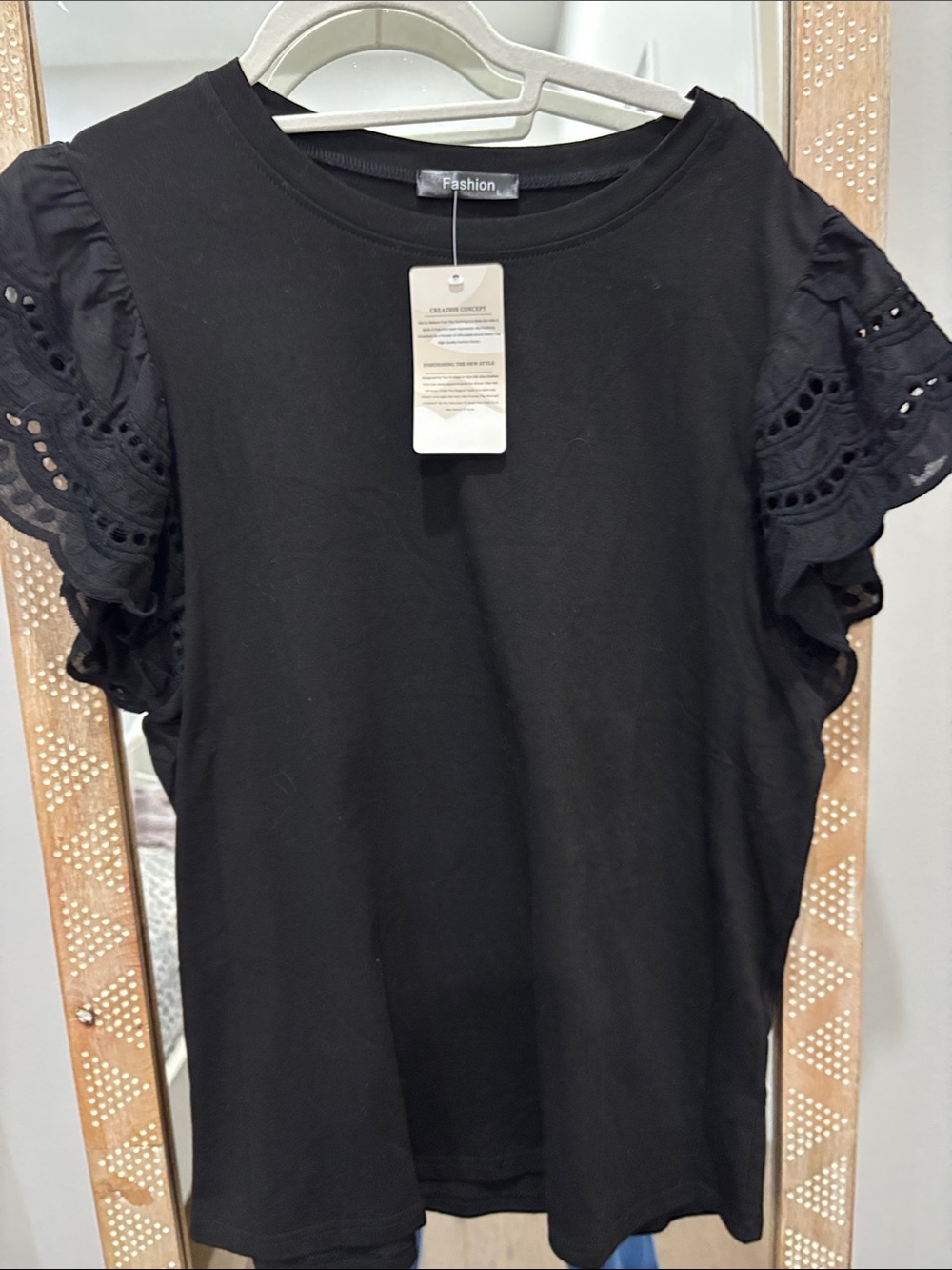 Amazon Essentials Black Eyelet Ruffle Sleeve Tee